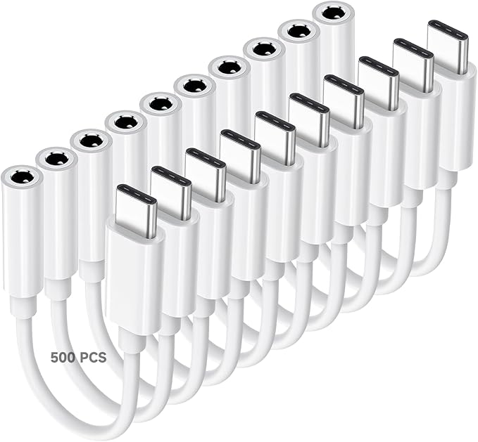 USB C to 3.5mm Audio Headphone Adapter, Type C to Jack Dongle Adapter Cable Cord Compatible with Apple iPhone 17/16/15 Pro Max Plus, iPad, MacBook, Samsung Galaxy S24 S23 S22 S21 Ultra (500-Pack)