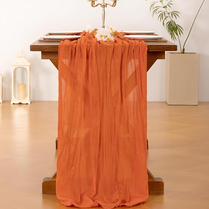 Socomi Orange Fall Thanksgiving Cheesecloth Table Runner Boho Rustic Gauze 120 inch 10FT Cheese Cloth Runner for Wedding Party Baby Shower Birthday Home Decor Holiday Decorations
