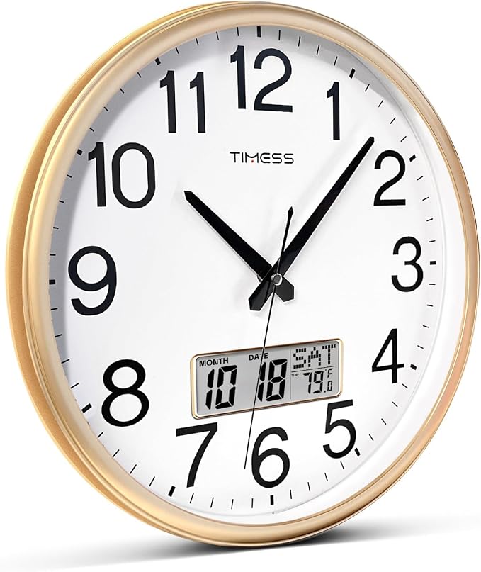 TIMESS Wall Clock, 11 Inch Non-Ticking Silent Battery Operated Quartz Analog with LCD Display for Perpetual Calendar and F° Temperature, Ideal Modern Home, Bedroom, Kitchen, Office Décor (Gold)