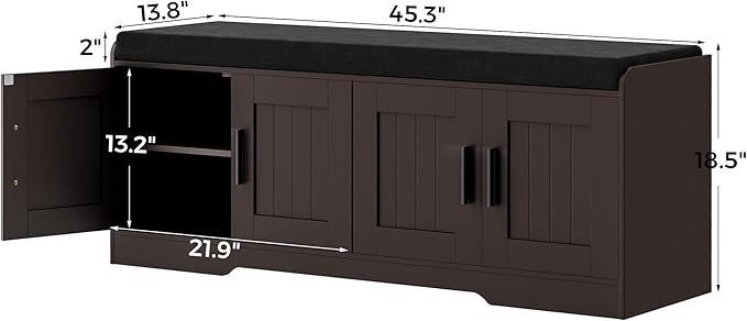 2-Tier Storage Bench, Shoe Bench with Thickened Padded Seat Cushion, Entryway Bench with 4 Doors, Adjustable Shelf, 13.8" D x 45.3" W x 18.5" H, for Entryway, Living Room, Bedroom, Brown