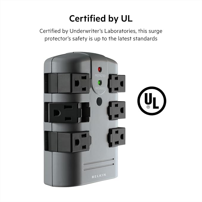 Belkin Power Strip Surge Protector - 6 Rotating AC Multiple Outlets, Flat Pivot Plug - Heavy Duty Wall Outlet Extender for Home, Office, Travel, Computer Desktop & Phone Charging Brick (1,080 Joules)