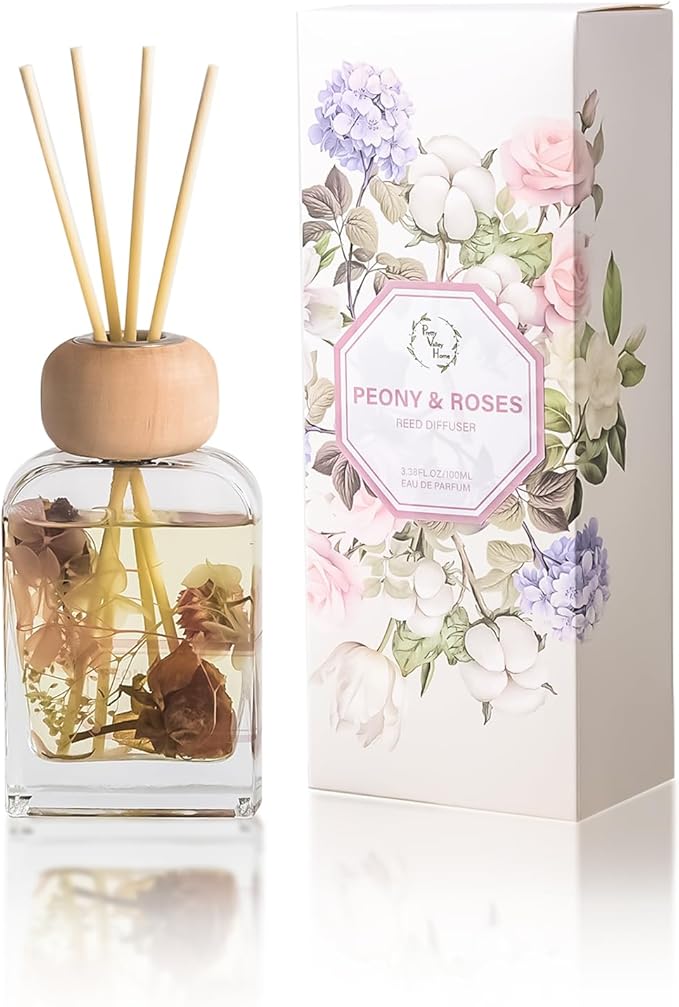Orelune Reed Diffuser Set, 3.4 fl oz - Elegant Home Fragrance with 5 Sticks - Long-Lasting Scented Oil Diffuser for Bedroom, Bathroom Shelf Decor & Living Room (Peony & Roses)