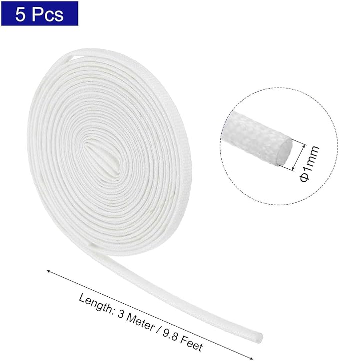 MECCANIXITY 5Pcs Wire Insulation Braid Fire Sleeve,9.8Ft-1mm ID White, High Temp Silicone Coated Fiberglass Sleeving for Automotive Hose Lines Electrical Wiring