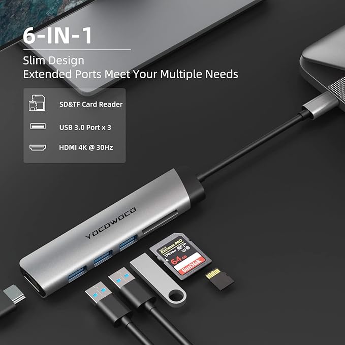 YOCOWOCO USB C Hub, 6 in 1 USB-C to HDMI Multiport Adapter with 4K HDMI, 3 USB 3.0 Ports and SD/TF Card Reader, USBC Dongle Splitter for MacBook Pro/Air, Laptops, PC, Desktop