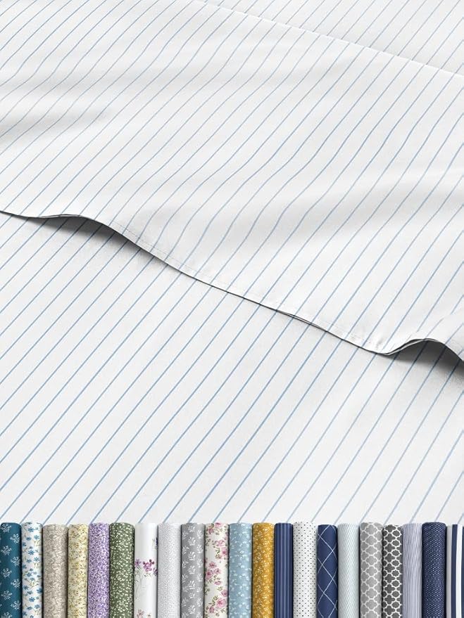 Sky Blue and White Striped Sheets - 1 Flat & 1 Fitted Sheet & 2 Pillowcases w/ Deep Pockets - Wrinkle & Fade Resistant - Ultra-Soft, Breathable & Cooling - Pinstripe Patterned Bed Set - Full Size