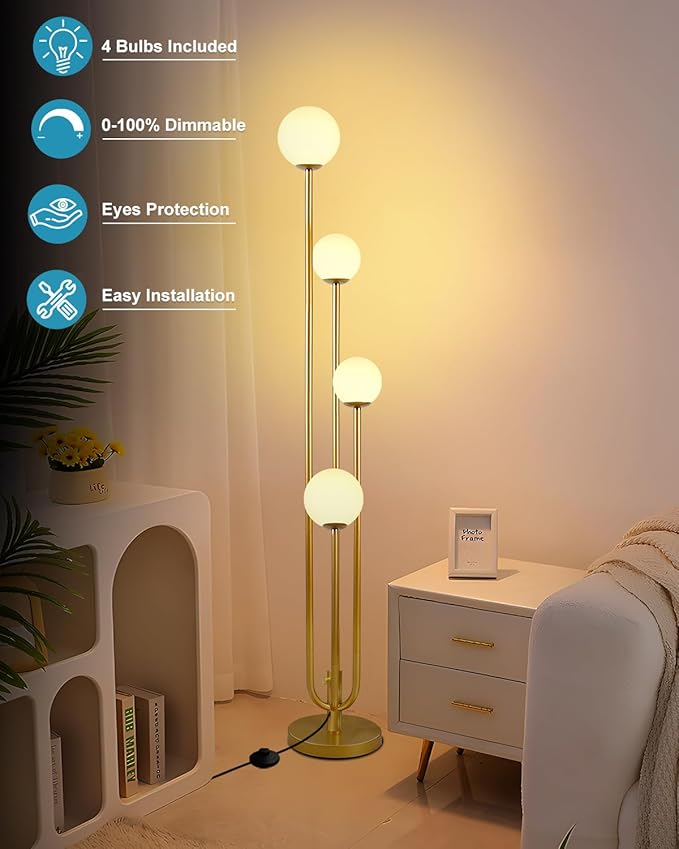 63IN 4-Light Dimmable Floor Lamp, Unique Gold Tall Standing Lamps with 3000K Bulbs for Reading, Mid Century Modern Floor Lamp with 5Lbs Heavy Base for Living Room Bedroom Home Office