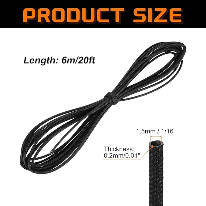 MECCANIXITY 20ft Braided Cable Sleeve, 1/16" ID 200C High Temperature 1500V Fiberglass Wire Insulation Cord Protector Organizer Wires Management for Motor Engine Fuel Line, Black