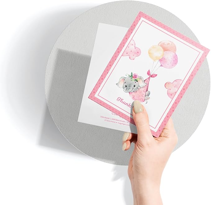 Twigs Baby Shower Thank You Cards with Envelopes - 12 Set Baby Shower Cards for Girl, New Baby Congratulations Cards, Welcome Baby Card, Made in the USA - Pink Elephant Designs, 5.5 x 4.25 Inch Size