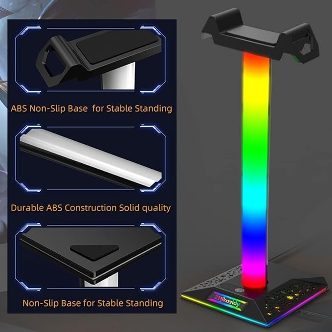 ZNikoyidy RGB Gaming Headset Stand Headphone Stand with 2 USB Ports 10 Color Mode, PC Gaming Desktop Earphone Accessories Gift for Boys Men Gamers