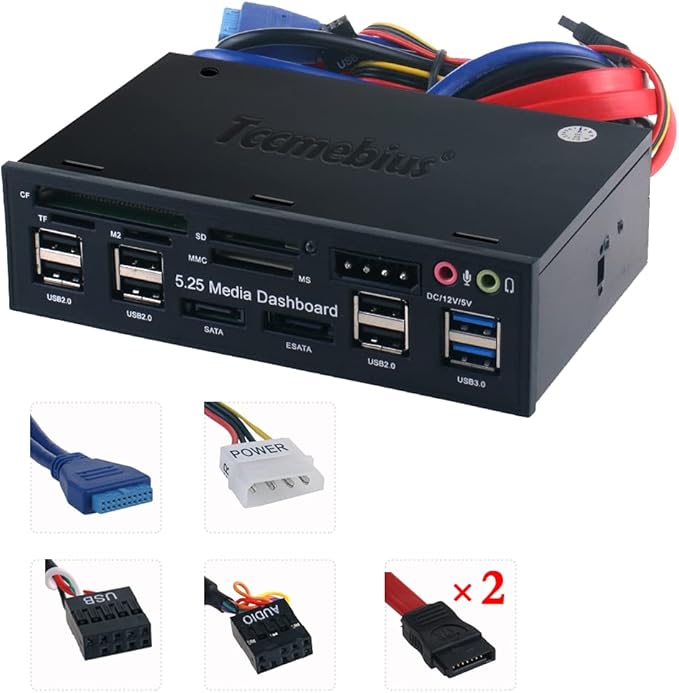 TCC-QL5E 5.25 Inch PC Multifunction Dashboard Media Front Panel, with SATA e-SATA Dual USB 3.0 6 Port USB 2.0 Audio Ports and Five-in-one Card Reader