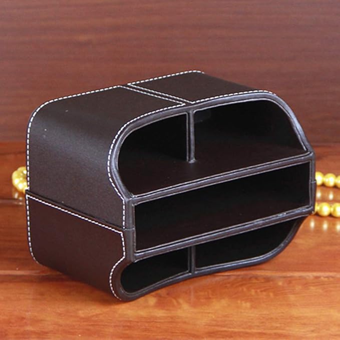 RHCSZ PU Leather Remote Control Holder 360 Degree Spinning Desk Organizer Storage Box for Remote Caddy,TV Guide, Mail, Electronics, Pen,Stationery and Media Storage (Brown)