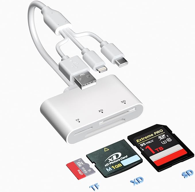 XD/TF/SD to iPhone Adapter Reader with USB-C, USB-A, Lightning - 3in1 SD MicroSD xD-Picture Card Reader, OTG Adapter SD Card Adapter for Smartphone/iPhone 17/16/15/14/13/iPad/PC/Android/Macbook/Camera