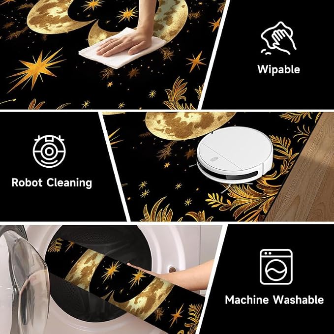 Sun Moon Star Area Rug 6'x9' Golden Boho Carpet Non-Slip Washable Low Pile Floor Mat for Bedroom Living Room Nursery Playroom Classroom Home Decor