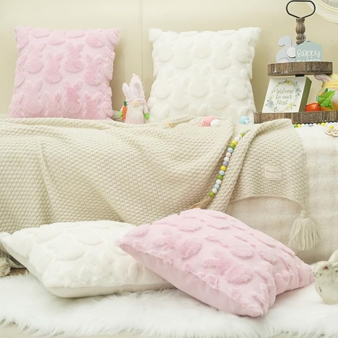 GEEORY Easter Bunny Soft Plush Pillow Covers, 20 x 20 Inch Set of 2, Fluffy Faux Fur Wool Decorative Farmhouse Cushion Case for Sofa Home Decoration Cream GC013-20
