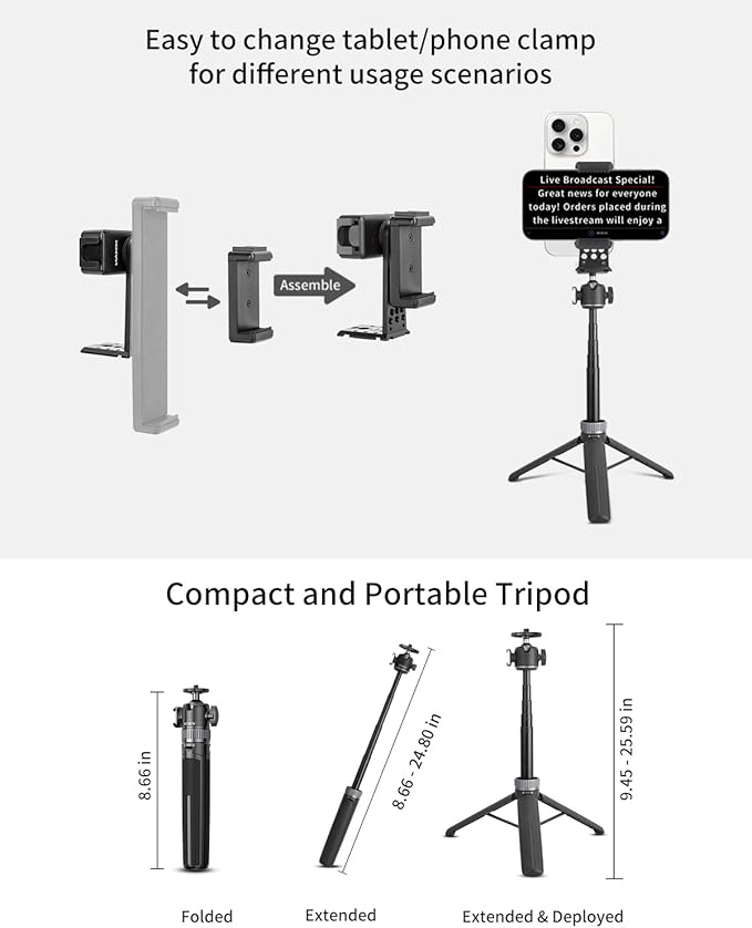 Large Screen Teleprompter Holder for Tablet/Phone with Extendable Tripod, Dual-Clamp Design with Interchangeable 3 Sizes of Clamps. Perfect for Live Streaming/Recording/Video Conference