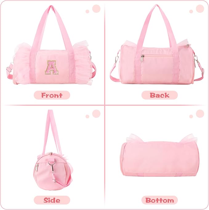 Personalized Initial Dance Bag for Girls 6-9, Medium Lace Gym Sport Yoga Cheer Dance Bags Gift for Teen Girls, Cute Letter Kids Ballet Bag Toddler Travel Duffel Tote with Adjustable Straps(Pink-A)