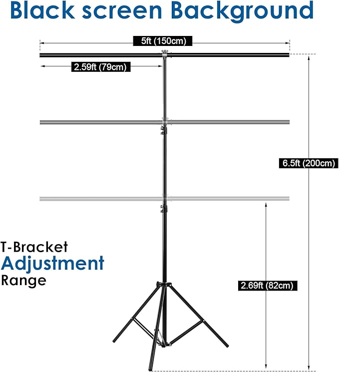 Black Screen Backdrop Kit, Portable Blackscreen Background with T-Shaped Stand, 5 Clamps & Carrying Bag for Photography, Streaming, Zoom, Gaming, (Black, 6.5 Feet X 5.0 Feet)