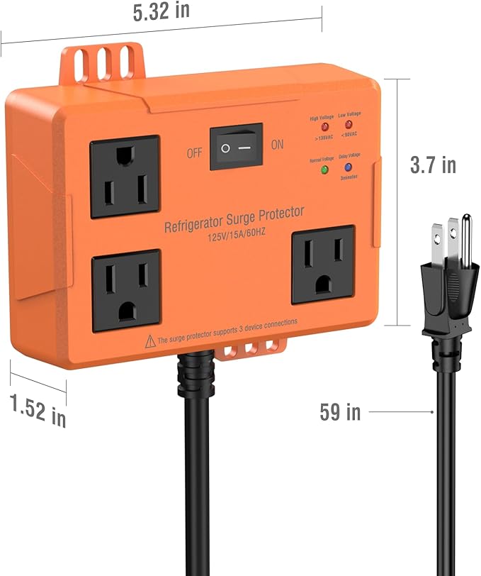 3 Outlet Refrigerator Surge Protector with Time Delay, Voltage Protector for Home Appliances, Protects Against Brownout, Spike, Instant Surge All Voltage Abnormalities, 14 AWG Power Cord (5FT)