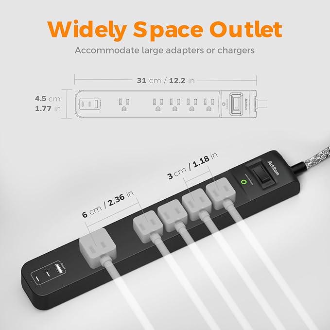 2 Pack Long Surge Protector Power Strip - 25ft Extension Cord with 5 Widely 3 USB (2 USB-C) Ports, Flat Plug, Desktop Charging Station for Home Office College Dorm Room Essentials