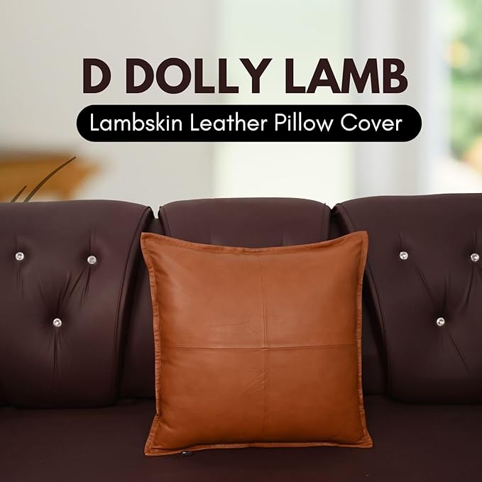 D DOLLY LAMB Lambskin Leather Pillow Cover - Sofa Cushion Case - Decorative Throw Covers for Living Room & Bedroom, 18x18 Inches - Camel Antique Box
