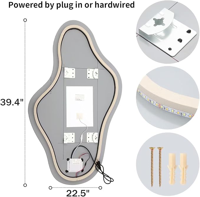 Modern Irregular LED Bathroom Mirror with Lights, Asymmetrical Frameless Smart Lighted Wall Mirror for Living Room Entryway, Large Decorative Makeup Vanity Mirror with Touch Switch(22.5″x39.4″)