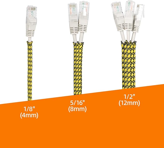 Braided Expandable Cable Sleeve, 25ft PP Cotton and PET Braided Cable Management, Flexible Mesh Wire Loom and Cable Protector for TV, Computer, Home Theater, Automotive (Yellow, 5/16")