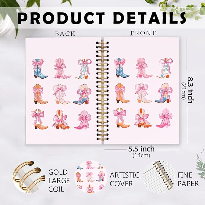 dvhdajed Coquette Western Spiral Notebook, Pink Cowgirl Boots Journaling Notebooks, Preppy Cowgirl Spiral Journal for Girls Women, Girly Western Office School Supplies Gifts, 5.5x8.3 In