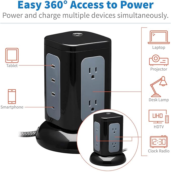Tripp Lite TLP606UCTOWER Charging Tower Power Strip Surge Protector & Charging Station with USB Ports, 1800 Joules, 6 Outlets, 3 USB-A + 1 USB-C, 8ft Cord, Dorm Room Essentials Desk Accessory