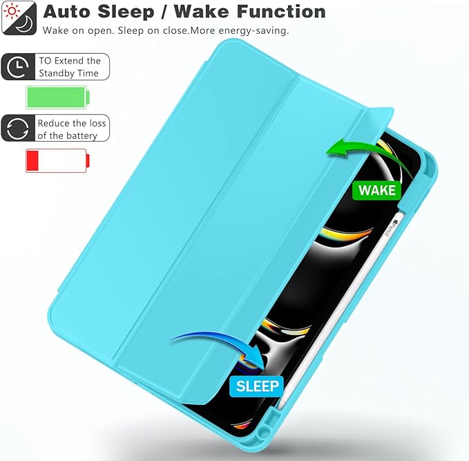 ZryXal iPad Pro 11 Inch Case (M5) 2025/ (M4) 2024 (Model: A2836/A2837/A3006), Trifold Stand Smart Cover with Pencil Holder and Soft TPU Back, Auto Wake/Sleep (Cyan)