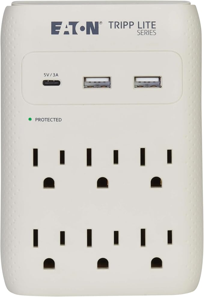 Eaton Tripp Lite SK60C Wall Surge Protector Power Strip & USB Wall Charger, 6-Outlet Extender, 1 USB-C + 2 USB Ports, 1080 Joules, Multi-Plug Outlet Splitter, Gray, Lifetime Manufacturer's Warranty