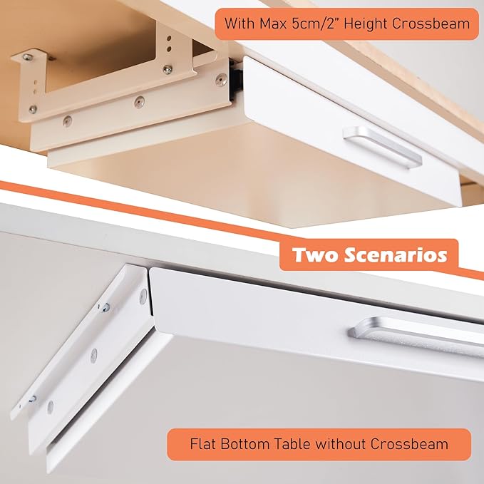 OSteed Under Desk Drawer Organizer 21" White Upgrade with Adjustable Brackets, Sliding Pull-Out Under Table Pencil Drawer, Office Standing Desk Attachment for Workbench
