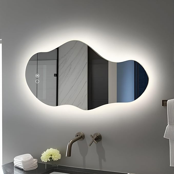 Modern Irregular LED Bathroom Mirror with Lights, Asymmetrical Frameless Smart Lighted Wall Mirror for Living Room Entryway, Large Decorative Makeup Vanity Mirror with Touch Switch(27.2″x47.2″)