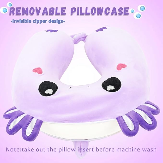 Travel Pillow, Kids Travel Pillow with Sleep Eye Mask Soft Memory Foam Kids Neck Pillow for Boys & Girls, Travel Accessories for Car Airplane Traveling - Purple Axolotl