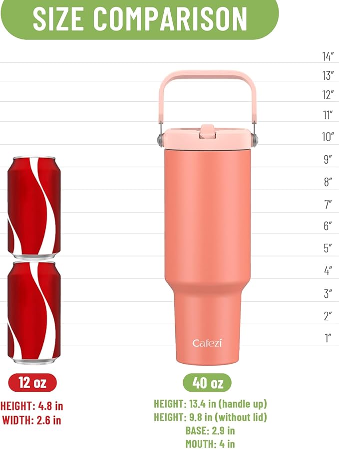 40 oz Insulated Tumbler with Top Handle and Flip Straw, Vacuum Insulated Stainless Steel Cup with Leak-Proof Lid, Sweat-Free, Fits Cup Holder, Keeps Ice Cold up to 30 Hours