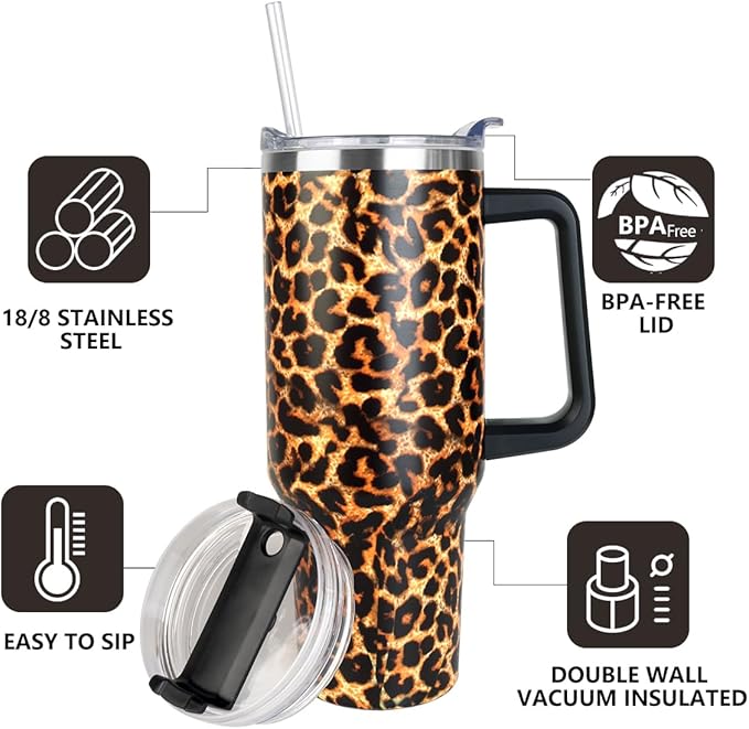 SYACOT 40 oz Tumbler with Handle and Straw Stainless Steel Insulated Tumbler Leak Proof Lid and Straw Lid Reusable Travel Mug Coffee Mug Cup Dishwasher Safe Keep Drinks Cold and Hot (Leopard)