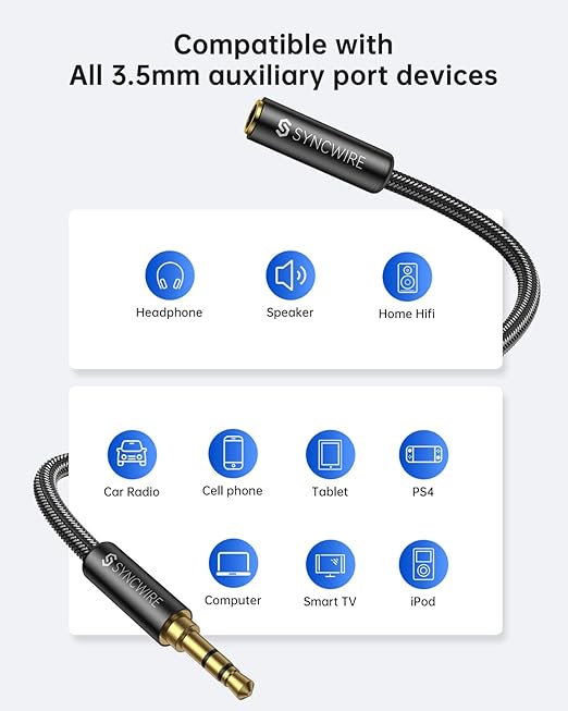 Syncwire Headphone Extension Cable - 6FT [Hi-Fi Sound][Gold Plated Jack][TRS] Nylon-Braided 3.5mm Male to Female Audio Extension Cord Compatible with iPhone iPad Smartphone Tablets Media Players