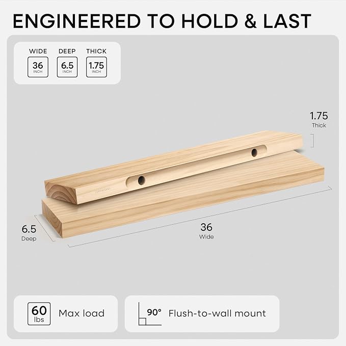 Homeforia 36 inch Natural Floating Shelf, High End Solid Real Wood 36inch Small Floating Shelves for Wall Mounted, Natural Wooden Floating Shelves, Heavy Duty Bracket, 36 X 6.5 X 1.75 in, Set of 3