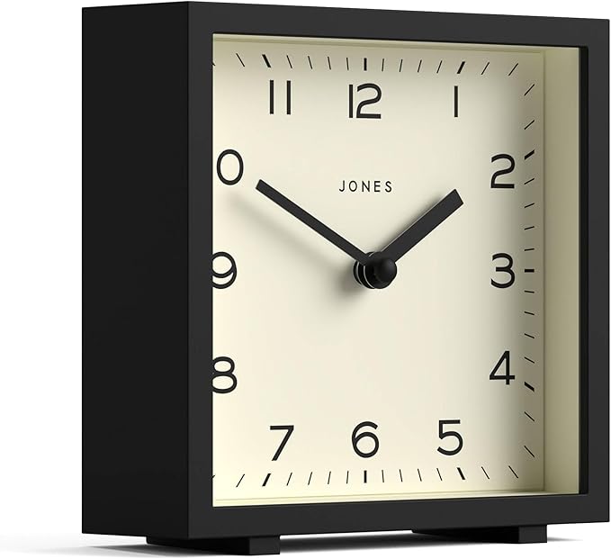 JONES CLOCKS® Disco Desk Clock | Sleek Square Design | Black | Stylish and Easy to Read for Shelf, Table, Mantel or Bedside