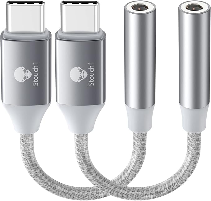 Stouchi USB C to 3.5mm Dongle Adapter, Type C Headphone Audio Jack Cable Cord Hi-Fi DAC Chip for iPhone 17/16 /15, Pixel 9/8 /7/6, iPad, Samsung Galaxy S25 S24 S23 Ultra (2, Silver, 0.38ft*2)