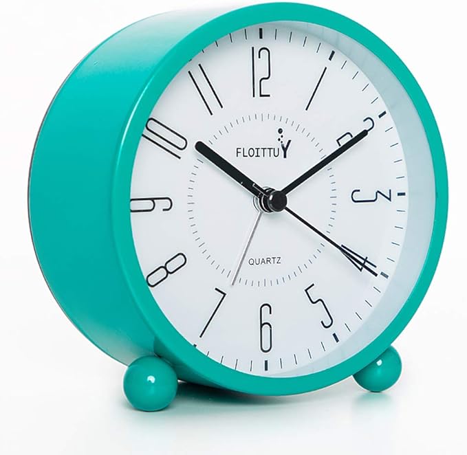FLOITTUY Super Silent Metal Alarm Clock,Beep Wake Round Alarm Clock with Night Light,Battery Operated,Easy Set,Simple & Retro for Desk, Bedroom and Home Decoration(Lake Blue)