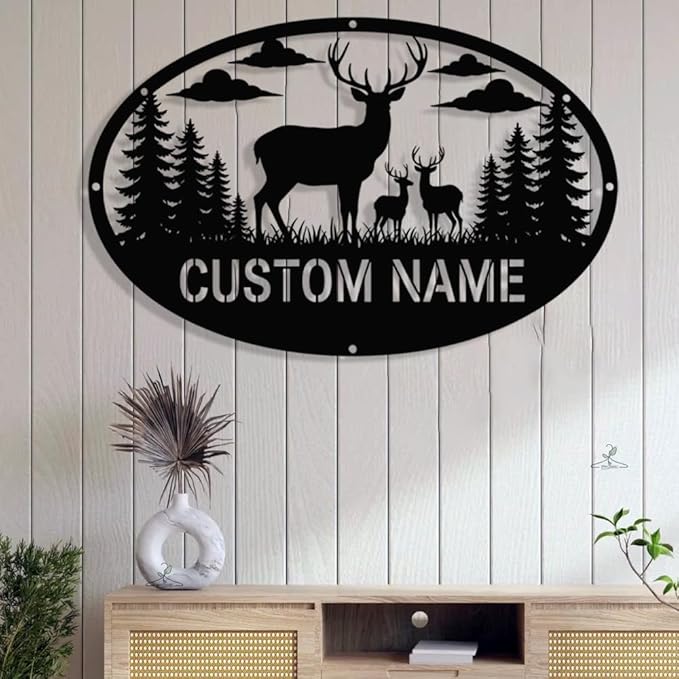 Personalized Deer Metal Sign,Custom Oval Hunting Scene Wall Art with Family Deer and Trees,Rustic Cabin Lodge Outdoor Decor, Farmhouse Name Plaque, Gift for Hunters, Men, Dad, Anniversary