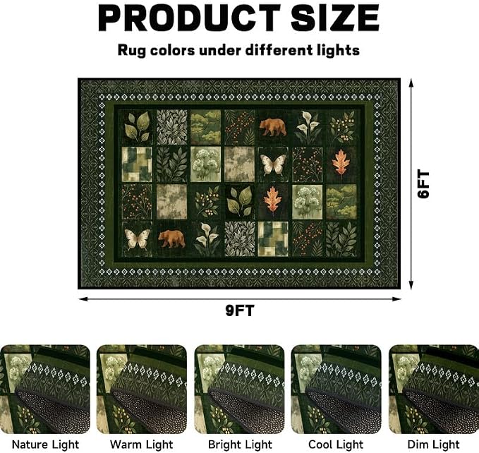 6'x9' Vintage Green Botanical Area Rug Non-Slip Washable Nature Patchwork Carpet Boho Floor Mat Rugs for Bedroom Living Room Nursery Kitchen Playroom Home Decor