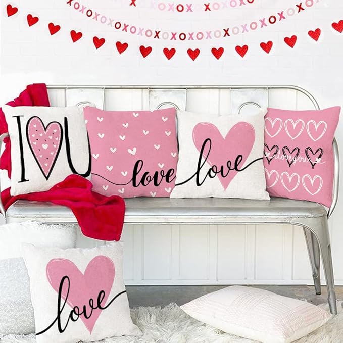 GEEORY Valentines Day Pillow Covers 18x18 Set of 4 Love Heart Valentines Pillows Decorative Throw Pillows Cushion Cases Valentine Decorations Valentines Day Deocr Pink