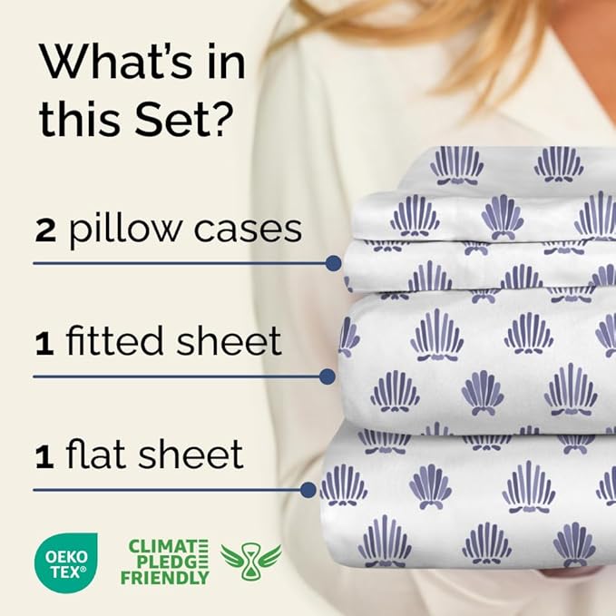 Coastal Bed Sheets - 1 Flat & 1 Fitted Sheet & 2 Pillowcases w/ Deep Pockets - Wrinkle & Fade Free Beach Themed Bed Set - Blue Sea Shell Bedding - Ultra-Soft, Breathable and Cooling - Full Size