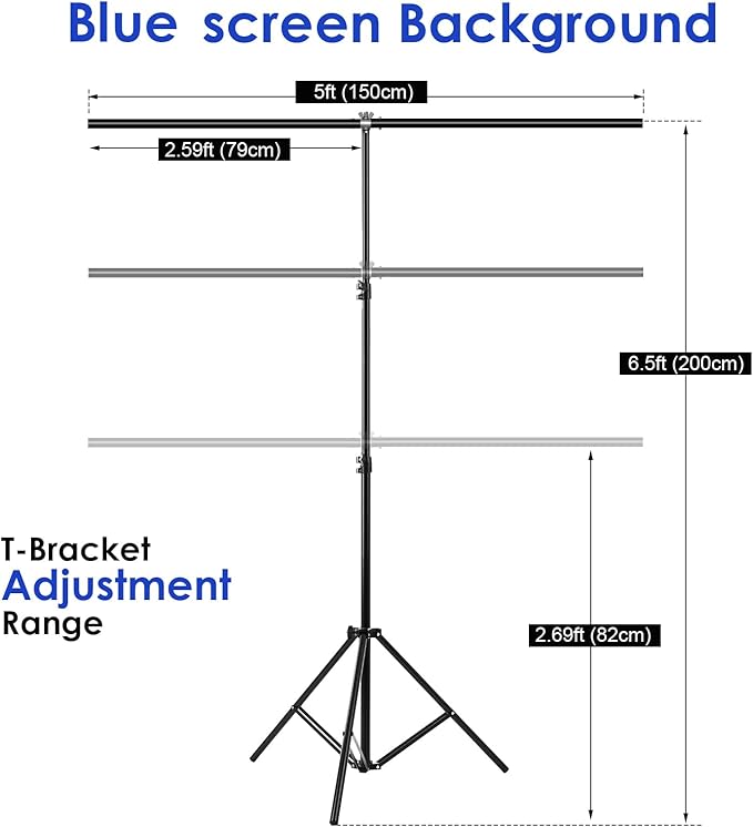 Blue Screen Backdrop Kit, Portable Bluescreen Background with T-Shaped Stand, 5 Clamps & Carrying Bag for Photography, Streaming, Zoom, Gaming, (Blue, 6.5 Feet X 5.0 Feet)