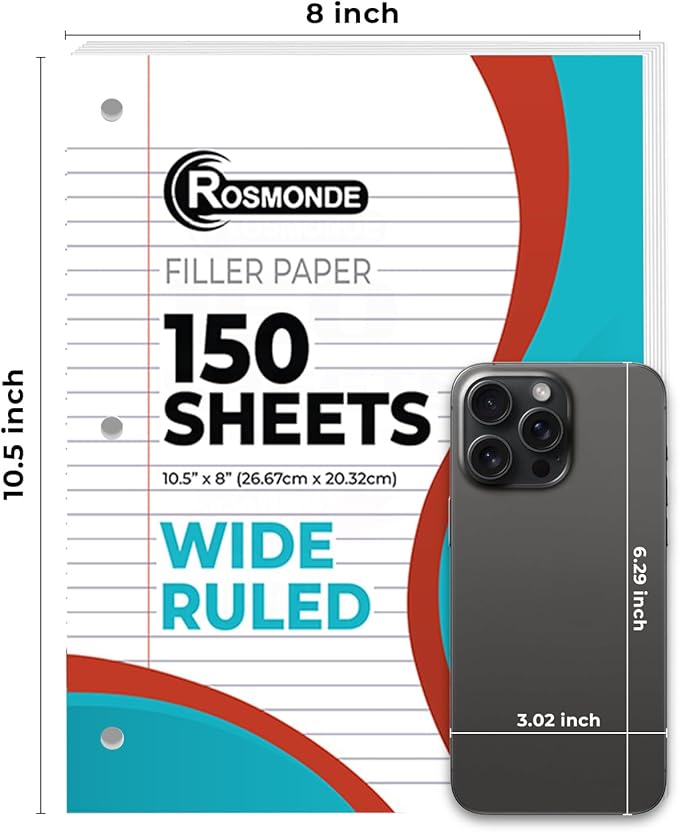 Rosmonde Loose Leaf Paper Bulk, 3600 Sheets, Wide Ruled, 8 x 10.5", Bulk Filler Paper for Office, 56 Gsm Thick Sheets, 3 Hole Punched for Binders, 24 Pack, 150 Sheets/Pack, Notebook Papers, White