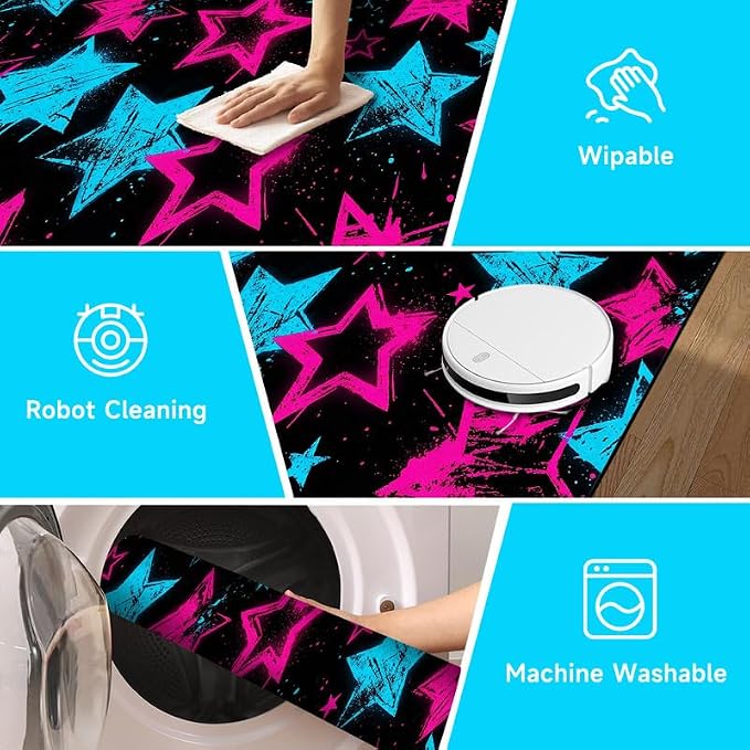 2'x3' Neon Star Area Rug Black Pink and Blue Floor Mat Abstract Star Print Rugs Washable Non-Slip Carpet for Entryway Bedroom Living Room Nursery Kitchen Playroom Home Decor