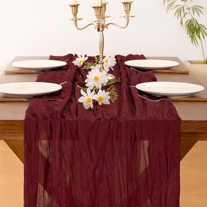 Socomi Burgundy Red Christmas Table Runner 3pcs Cheesecloth Boho Rustic Gauze 120 inch 10FT Cheese Cloth Runner for Wedding Party Baby Shower Birthday Home Decor Holiday Decorations