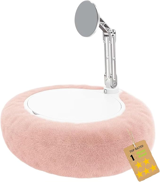 Fuzzy Pillow Phone Holder with Snack Bowl, Adjustable 360° Rotating Magnetic Stand for Phone/Tablet/Kindle iPad, Soft Plush Fabric, Detachable Snack Bowl for Reading for Bed (Magnetic-Pink)