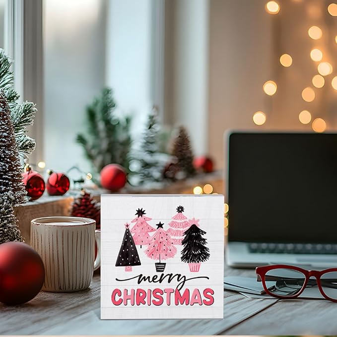 Pink Merry Christmas Decor for Home Pink Christmas Tree Decorations for Office Room Merry Xmas Decorations Table 5 x 5 Inches